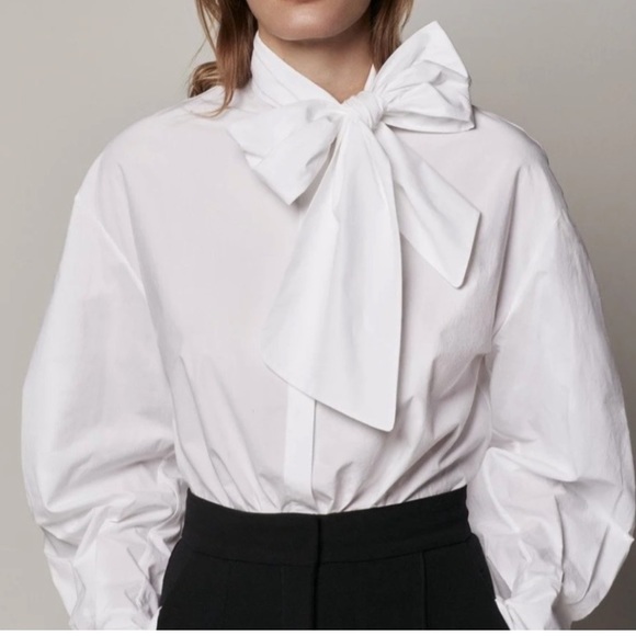 grammar Tops - GRAMMAR Dramatic Bow Tie White Button Down Shirt Blouse